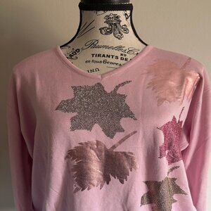 Kingsland Vintage-Inspired Leaf Embellished Sweater, Size XL, Pastel Pink